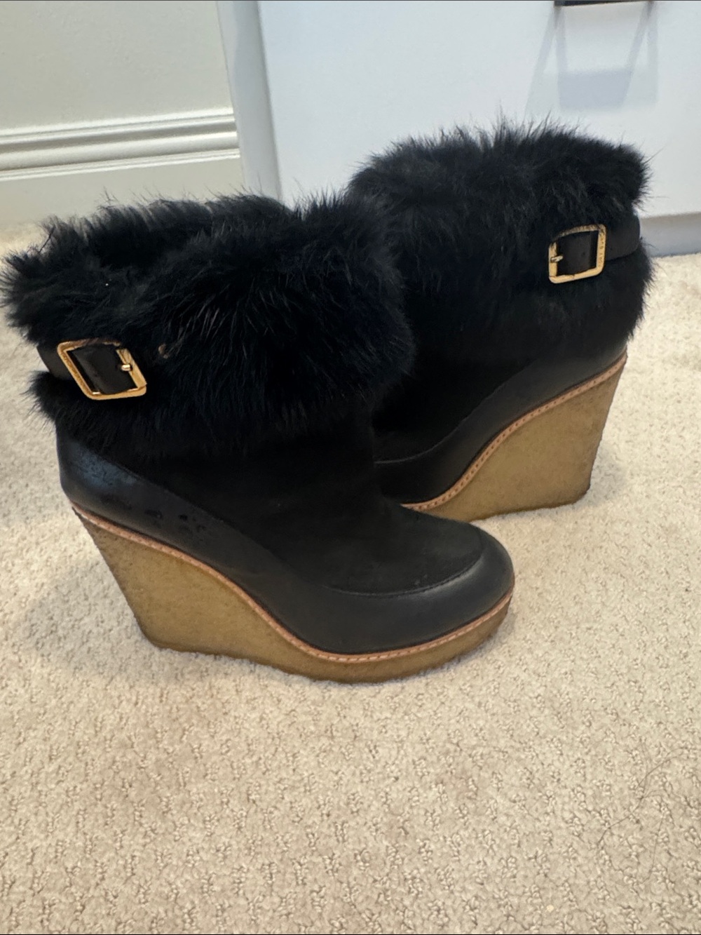Tory Burch Black Real Fur Cuff Wedge Booties Suede, Leather w/Gold Trim Sz6